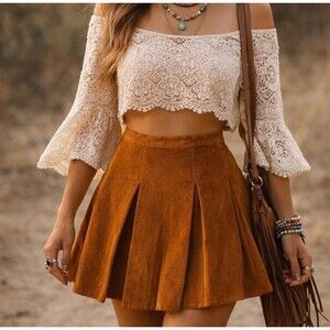 Corduroy Pleated Mini Skirt Copper Rose Rust Boho Stretch Juniors 15 SO